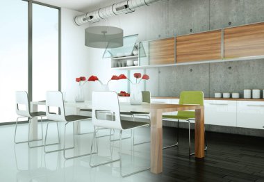 Beton duvar ile bir evde beyaz modern mutfak