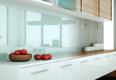 Beton duvar ile bir evde beyaz modern mutfak