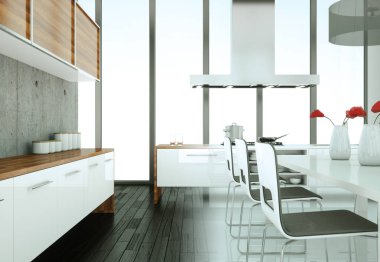 Beton duvar ile bir evde beyaz modern mutfak