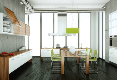 Beton duvar ile bir evde beyaz modern mutfak