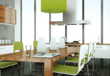 Beton duvar ile bir evde beyaz modern mutfak