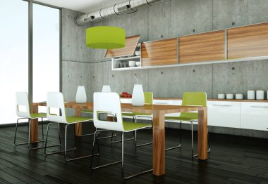 Beton duvar ile bir evde beyaz modern mutfak