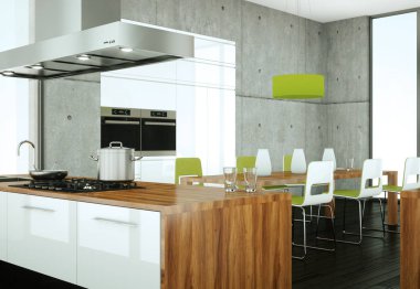 Beton duvar ile bir evde beyaz modern mutfak