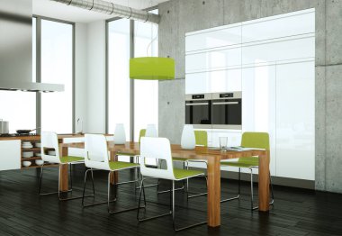 Beton duvar ile bir evde beyaz modern mutfak