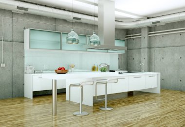 Beton duvar ile bir evde beyaz modern mutfak