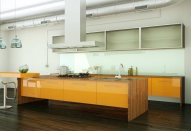 Güzel bir tasarım ile bir evde turuncu modern mutfak