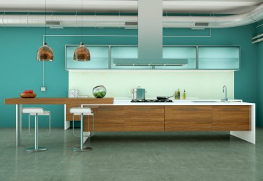 Güzel bir tasarım ile bir evde modern mavi mutfak