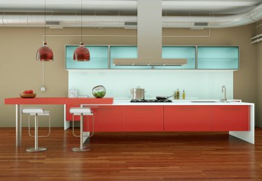 Güzel bir tasarım ile bir evde kırmızı modern mutfak