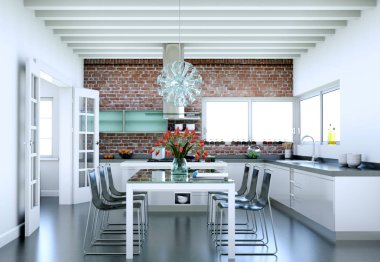 Güzel bir tasarım ile bir evde beyaz modern mutfak