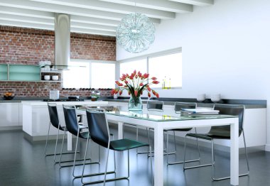 Güzel bir tasarım ile bir evde beyaz modern mutfak