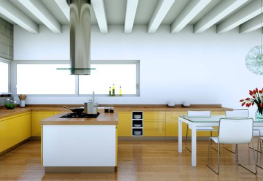 Çatı katında güzel bir tasarım ile sarı modern mutfak