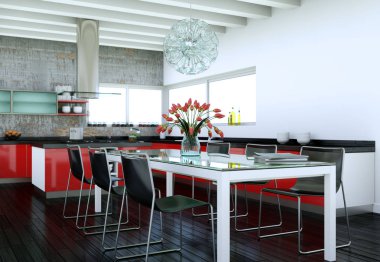 Güzel bir tasarım ile bir evde kırmızı modern mutfak