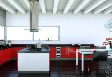 Güzel bir tasarım ile bir evde kırmızı modern mutfak