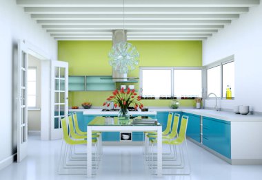 güzel bir tasarım ile bir evde 3D yeşil illüstrasyon mavi modern mutfak