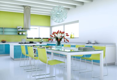 Güzel bir tasarım ile bir evde yeşil mavi modern mutfak