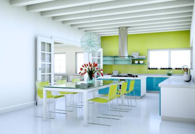 Güzel bir tasarım ile bir evde yeşil mavi modern mutfak