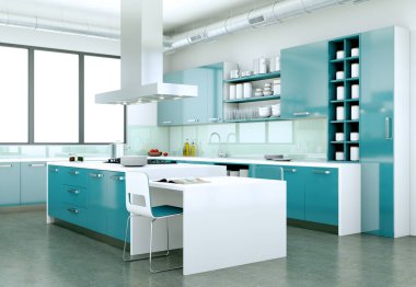 Güzel bir tasarım ile bir evde mavi modern mutfak