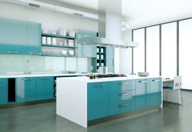 Güzel bir tasarım ile bir evde mavi modern mutfak