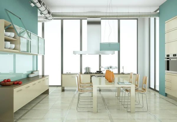 Cocina moderna de color beige en loft con un hermoso diseño — Foto de Stock