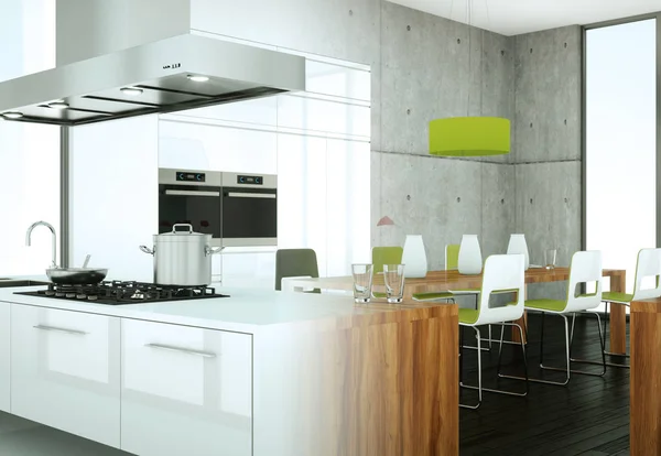 White modern kitchen in a house with concrete wall — Stock Photo, Image