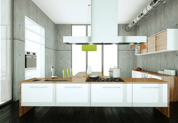 Dapur modern putih di sebuah rumah dengan dinding beton — Stok Foto