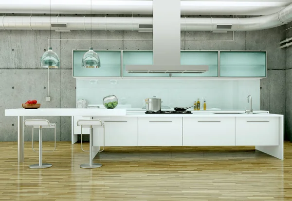 Белая современная кухня в доме с бетонной стеной — стоковое фото