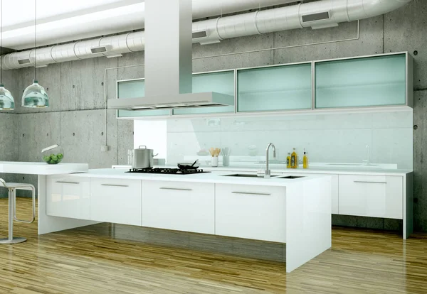 Cucina moderna bianca in una casa con muro di cemento — Foto Stock
