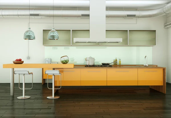 Оранжевая современная кухня в доме с красивым дизайном — стоковое фото