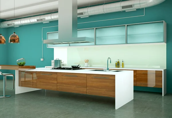 Cocina azul moderna en una casa con un hermoso diseño —  Fotos de Stock