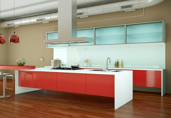 Cocina moderna roja en una casa con un hermoso diseño — Foto de Stock