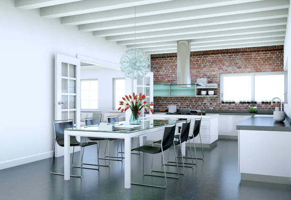 Cozinha moderna branca em uma casa com um belo design — Fotografia de Stock