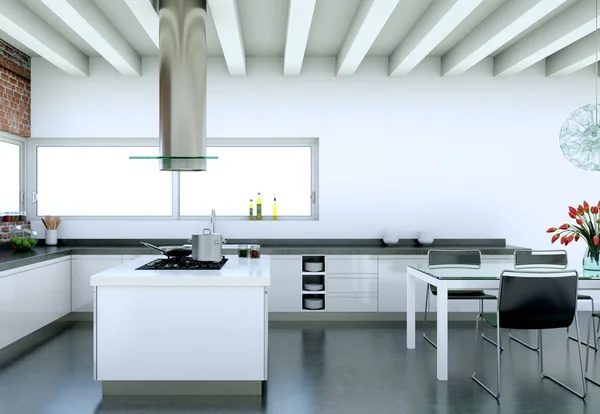 Cucina moderna bianca in una casa con un bel design — Foto Stock