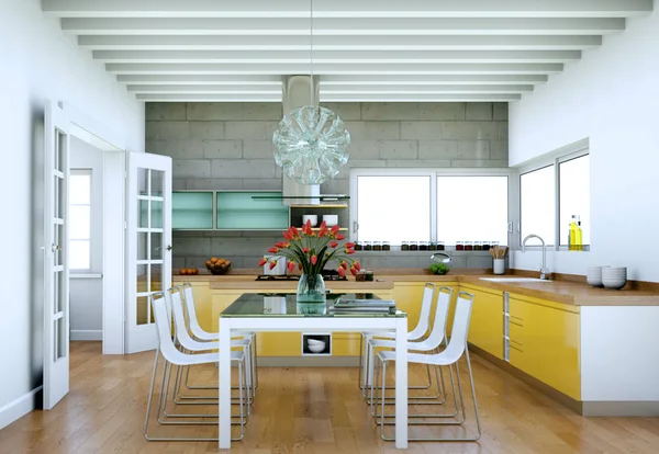 Kuning modern dapur di sebuah apartemen dengan desain yang indah — Stok Foto