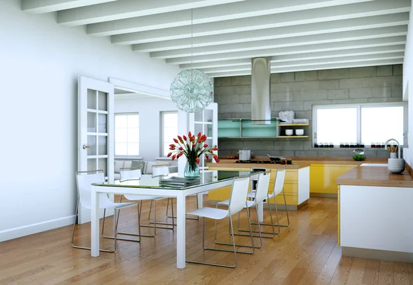 Желтая современная кухня в мансарде с красивым дизайном — стоковое фото