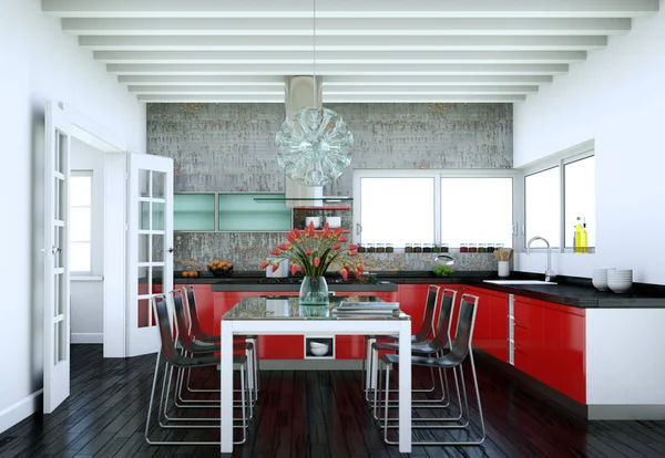 Red modern dapur di sebuah rumah dengan desain yang indah — Stok Foto