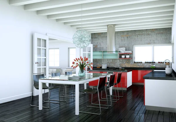 Röd modernt kök i ett hus med en vacker design — Stockfoto