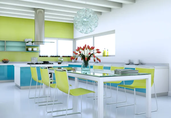 Современная зеленая кухня в доме с красивым дизайном — стоковое фото