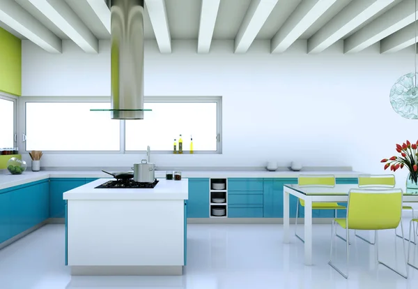 Green blue modern kitchen in a house with a beautiful design — Stock Photo, Image