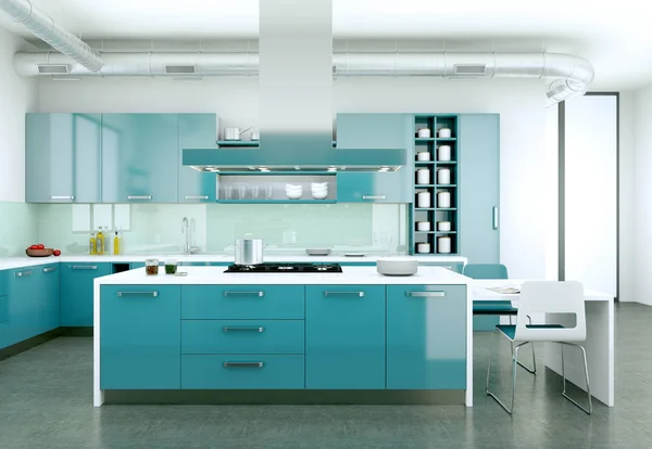 Blå modernt kök i ett hus med en vacker design — Stockfoto