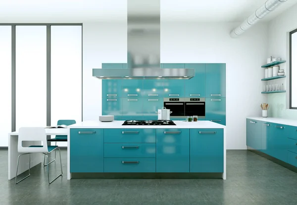 Blå modernt kök i ett hus med en vacker design — Stockfoto