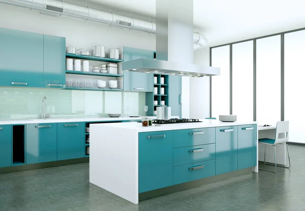 Blauwe moderne keuken in een huis met een prachtig design — Stockfoto