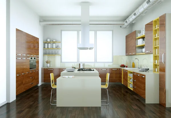 Dřevěný moderní kuchyň v domě s krásným designem — Stock fotografie