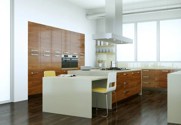 Деревянная современная кухня в доме с красивым дизайном — стоковое фото