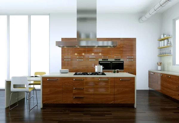 Trä modernt kök i ett hus med en vacker design — Stockfoto