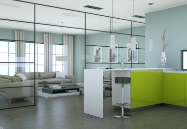 Çatı katında güzel bir tasarım ile yeşil modern mutfak