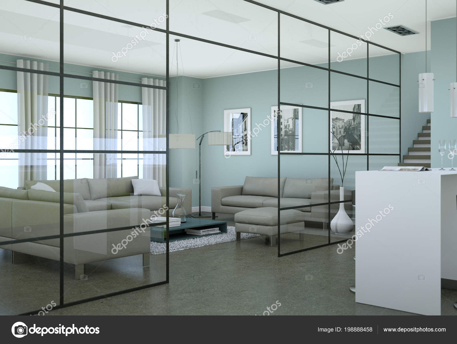 Interior sala minimalista modernos en estilo de diseño de loft con