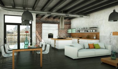 Modern minimalist oturma odası iç kanepe ile çatı tasarım tarzında