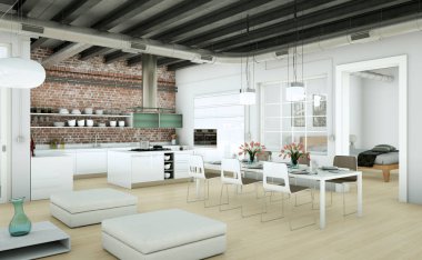 Modern minimalist oturma odası iç kanepe ile çatı tasarım tarzında 3d render