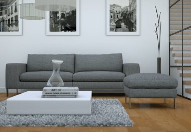 Modern minimalist oturma odası iç kanepe ile çatı tasarım tarzında 3d render