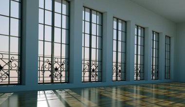 Beyaz duvarları, windows ve parke ile boş oda